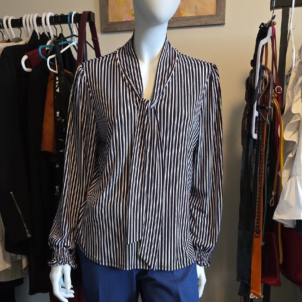 Adrianna Papell Black White and Pale Pink Striped Long Sleeve Ruffle Cuff Blouse